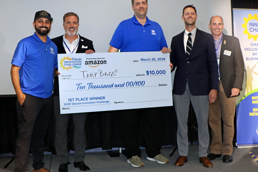 Steve Lofvers and TarpBags winning first place at the 2026 Volusia Innovation Challenge at the Ocean Center in Daytona Beach